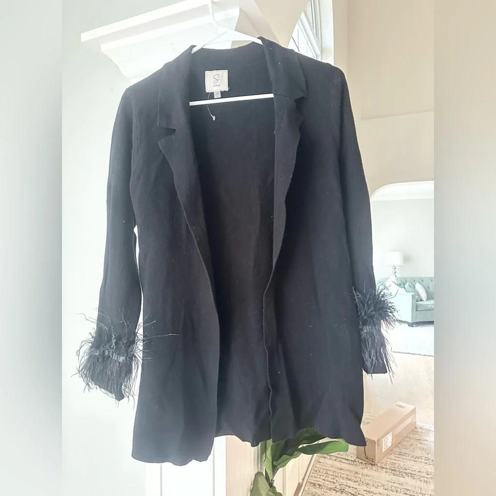 Sioni Black Longline Open Front Feather Cuff Knit Cardigan Sweater Blazer